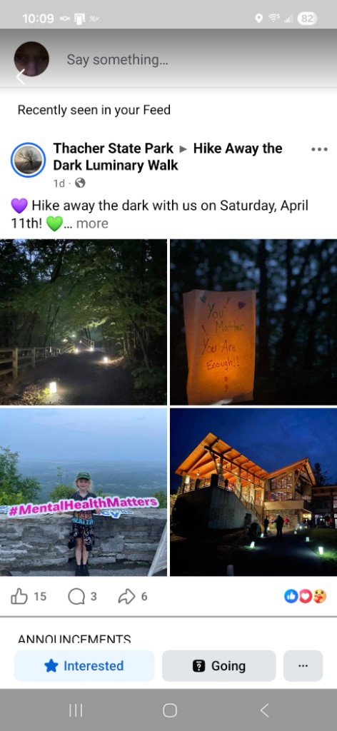 Hike Away the Dark luminary walk — collage of trail luminaries, decorated bags, and the visitor center at Thacher State Park