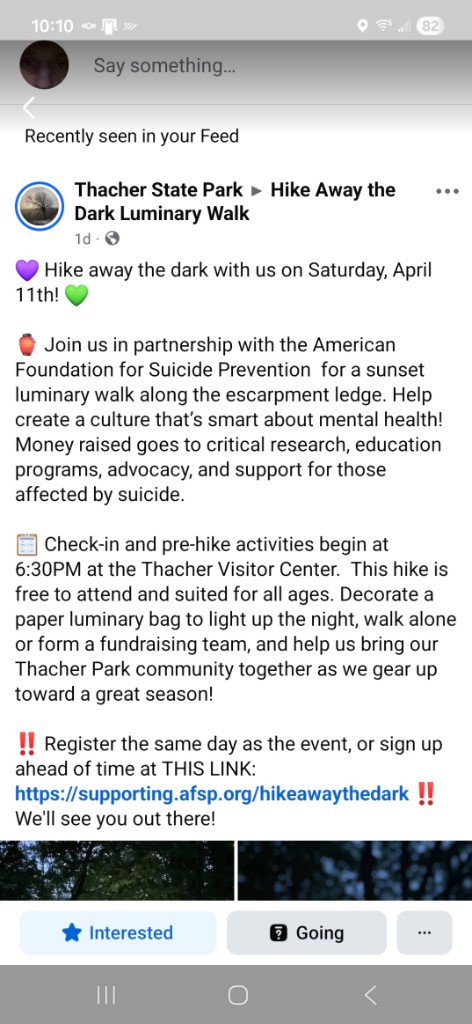 Thacher State Park and AFSP — Hike Away the Dark event announcement with date and registration details