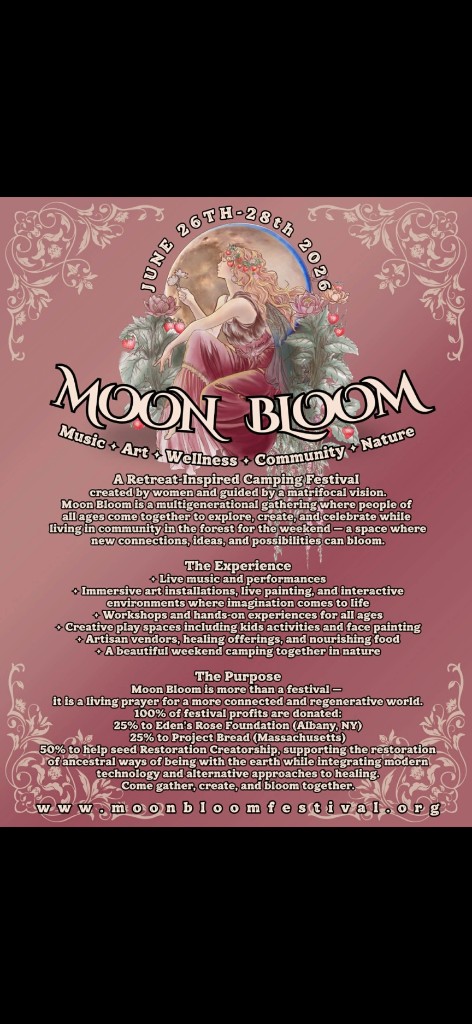 Moon Bloom — retreat-style camping festival with music, art, wellness, and community; donation and mission details