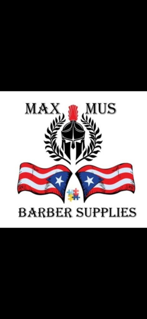 Maximus Barber Supplies — logo with helmet, laurel wreath, and Puerto Rican flags
